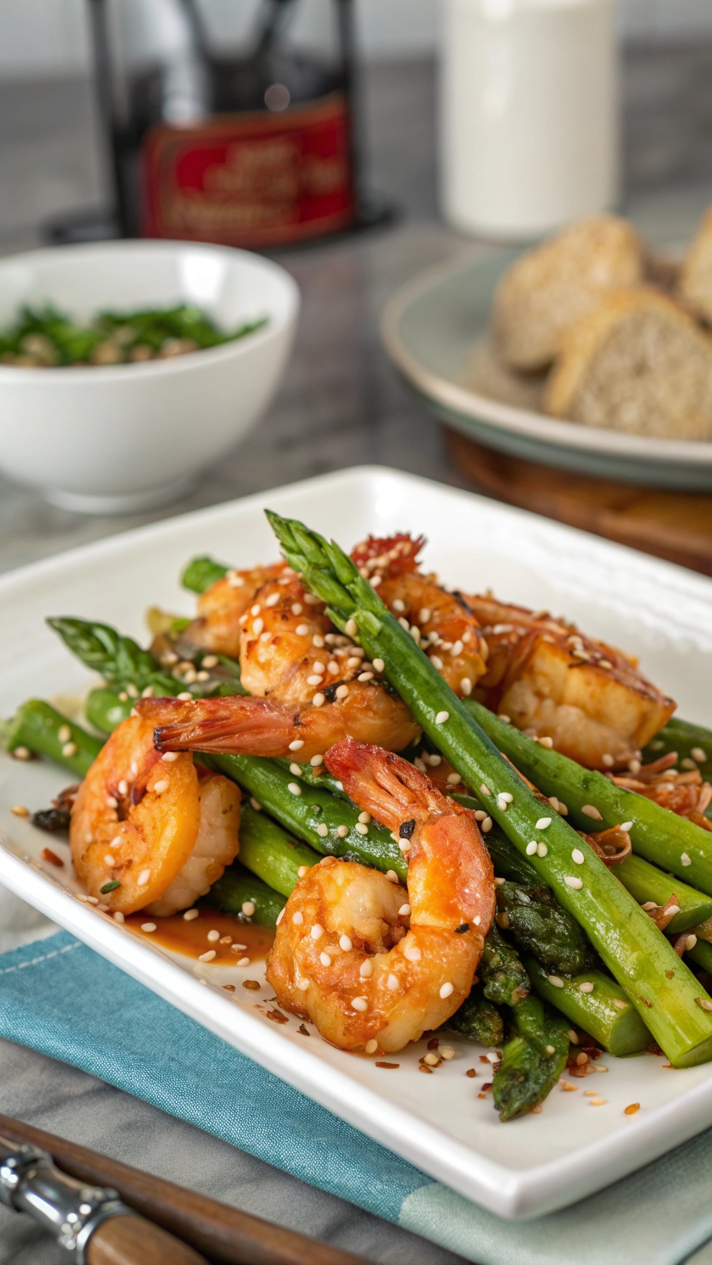 A plate of honey garlic shrimp with asparagus, garnished with sesame seeds.