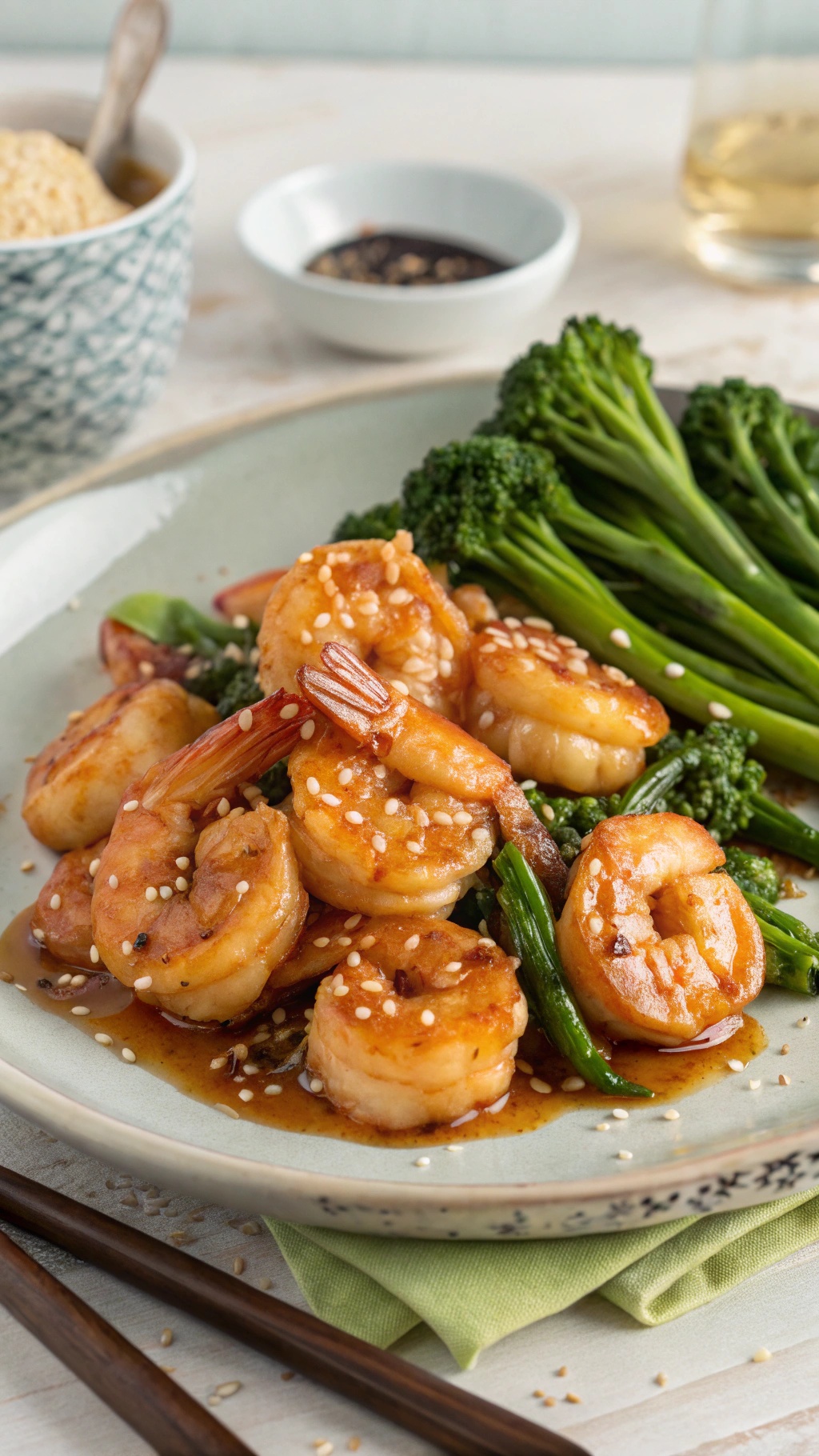 A plate of honey garlic shrimp with broccolini, garnished with sesame seeds.