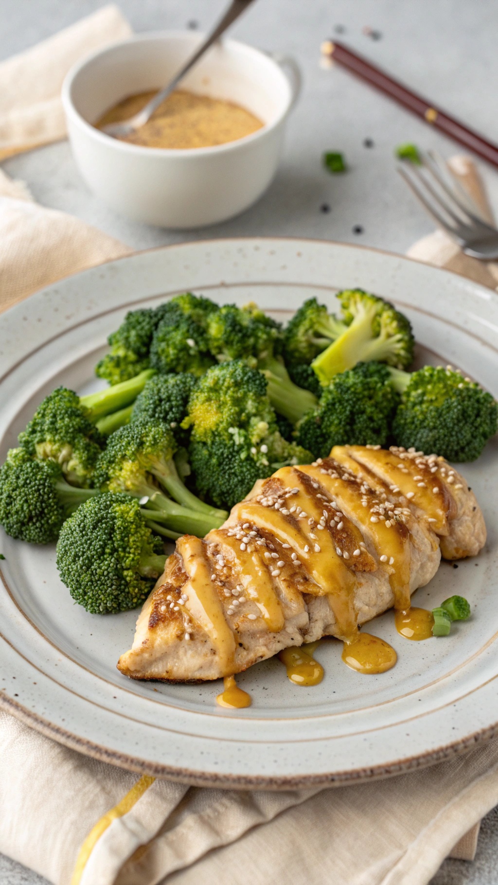 Honey mustard chicken breast with broccoli on a plate, drizzled with sauce.