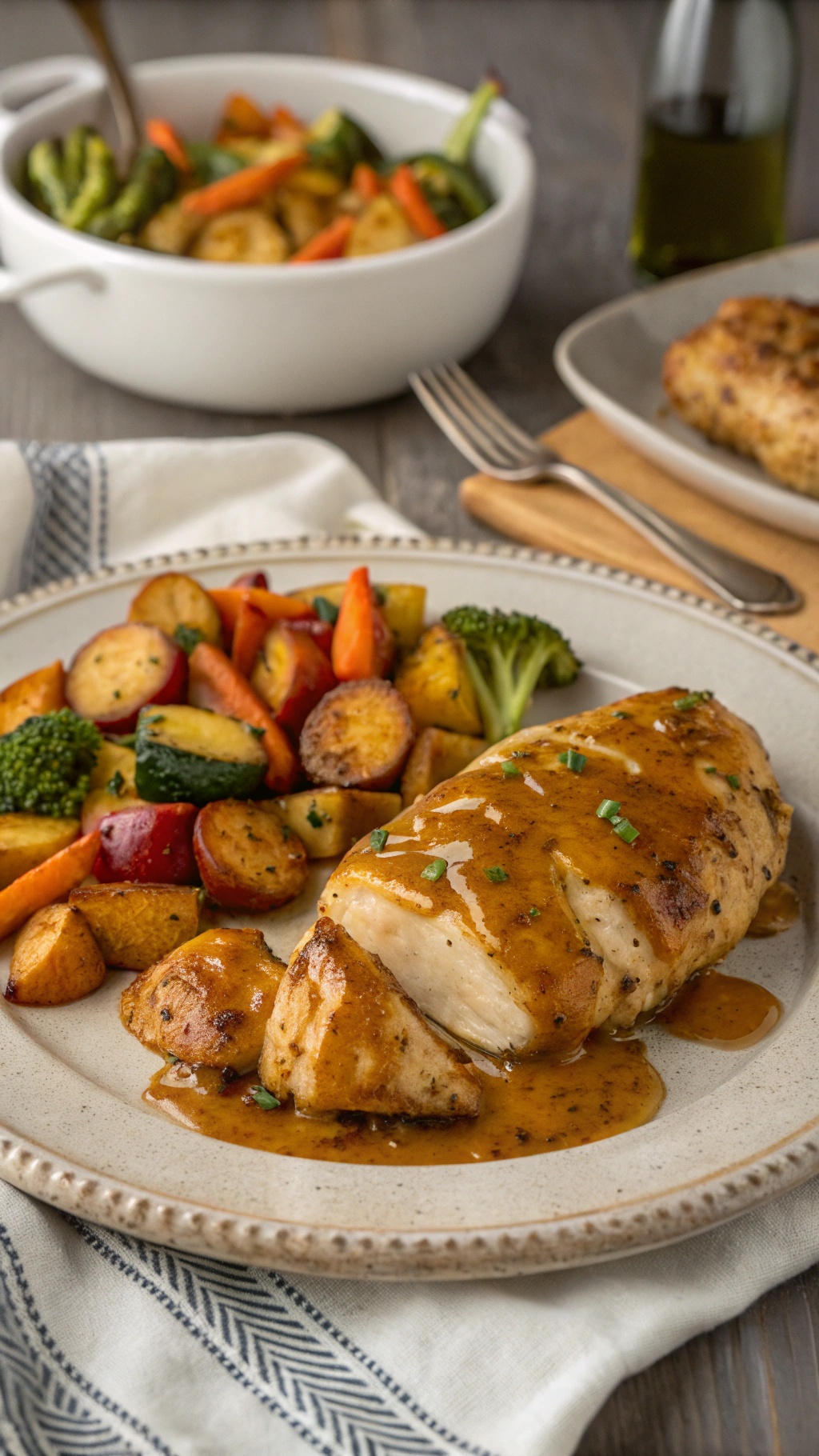A plate of honey mustard chicken served with roasted vegetables.