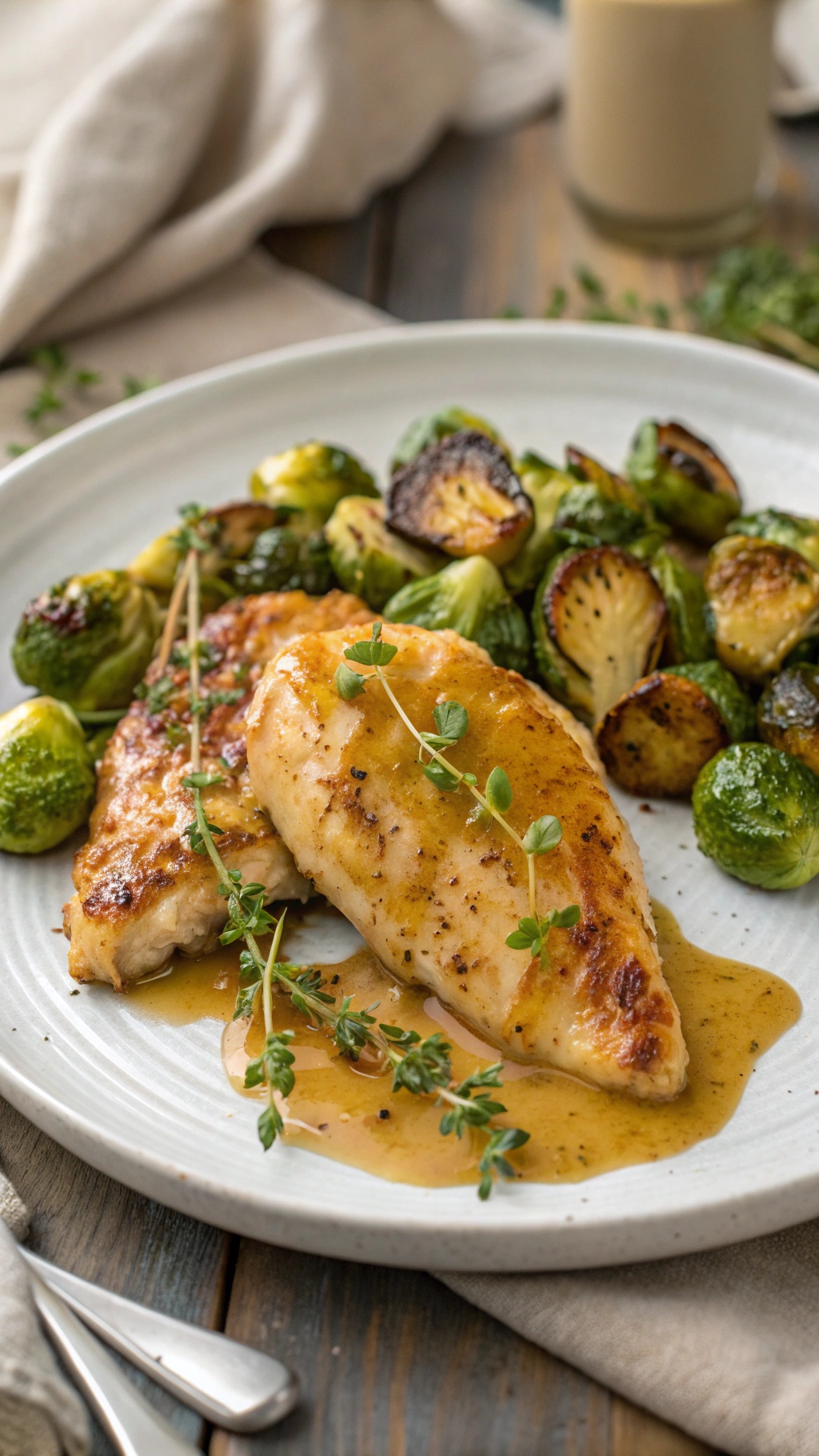 Honey mustard chicken breast served with roasted Brussels sprouts on a plate.
