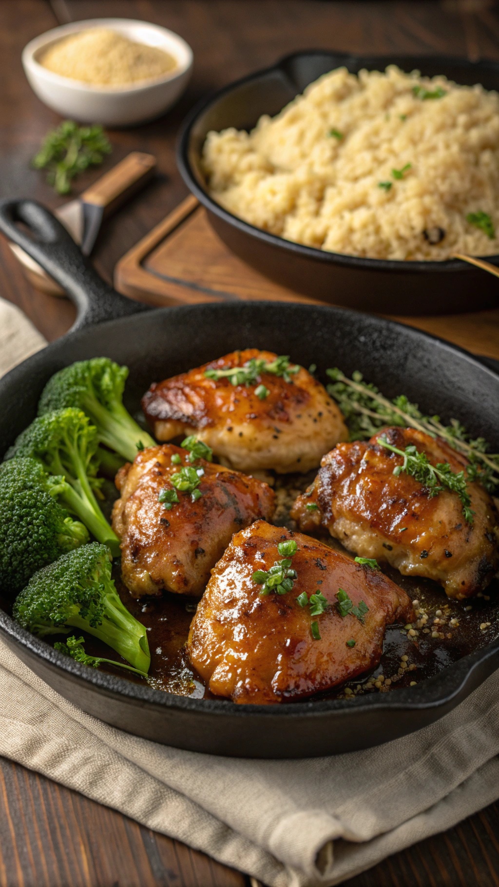 Honey mustard chicken thighs served with broccoli and rice in a cast iron skillet