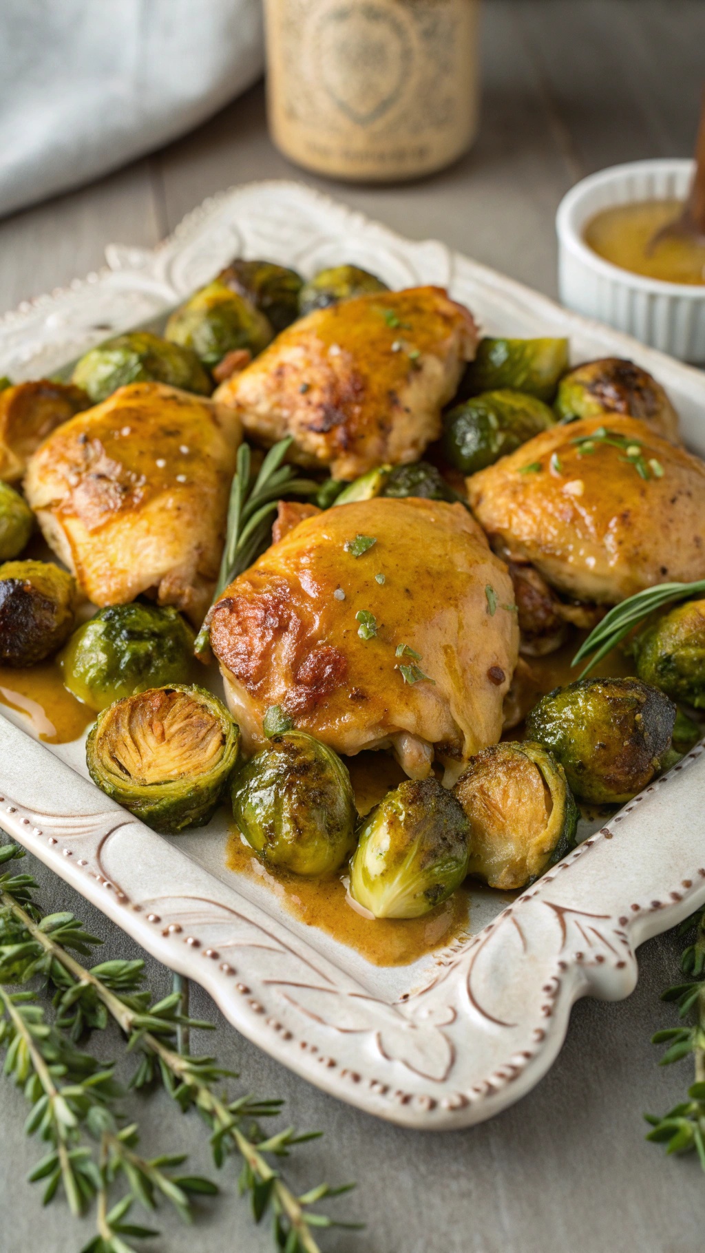 Honey mustard chicken thighs with Brussels sprouts on a decorative plate