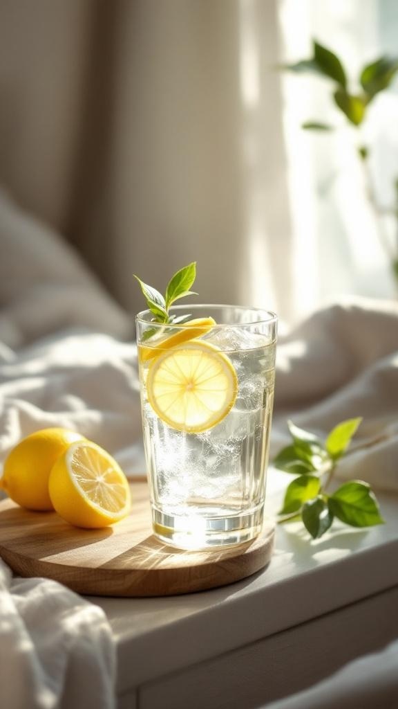 A refreshing glass of water with lemon slices and mint leaves on a wooden tray.