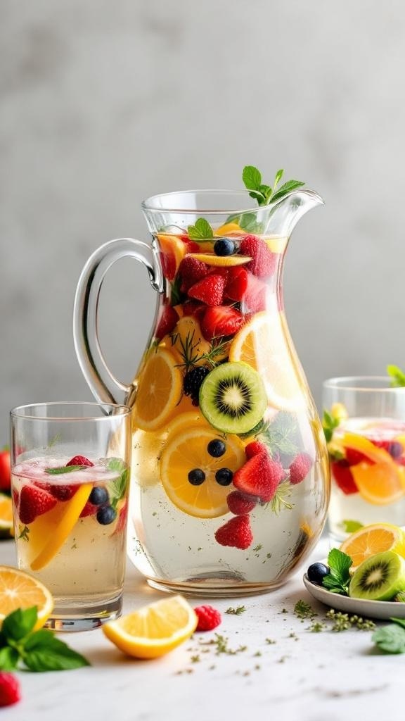 A pitcher of fruit-infused water with strawberries, lemons, and blueberries, surrounded by glasses of the same drink.