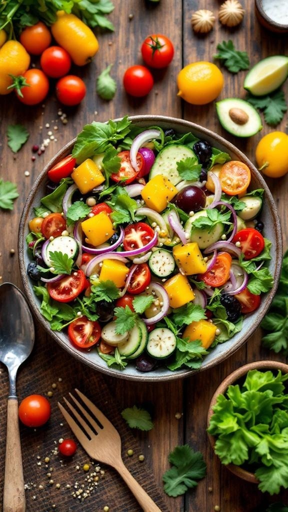 A colorful salad with tomatoes, cucumbers, mango, and greens on a wooden table.