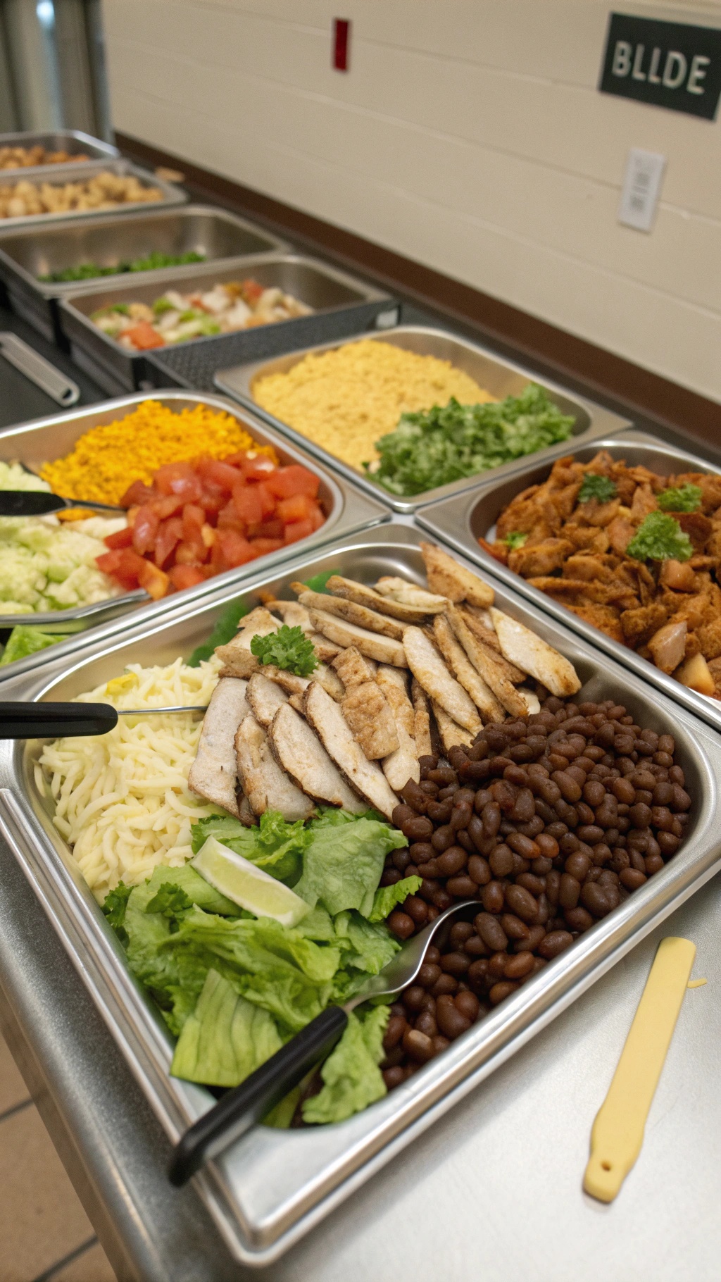 A taco salad bar with various proteins and toppings including grilled chicken, black beans, lettuce, and cheese.