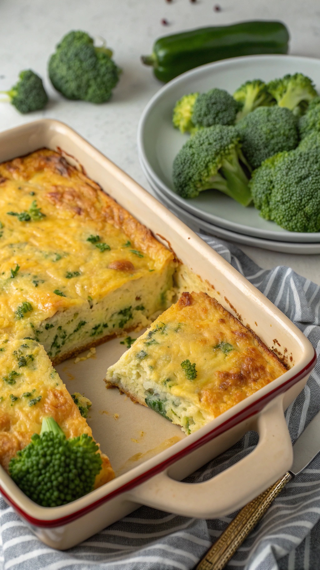 Cheesy broccoli and egg casserole in a baking dish with a slice removed, surrounded by fresh broccoli.
