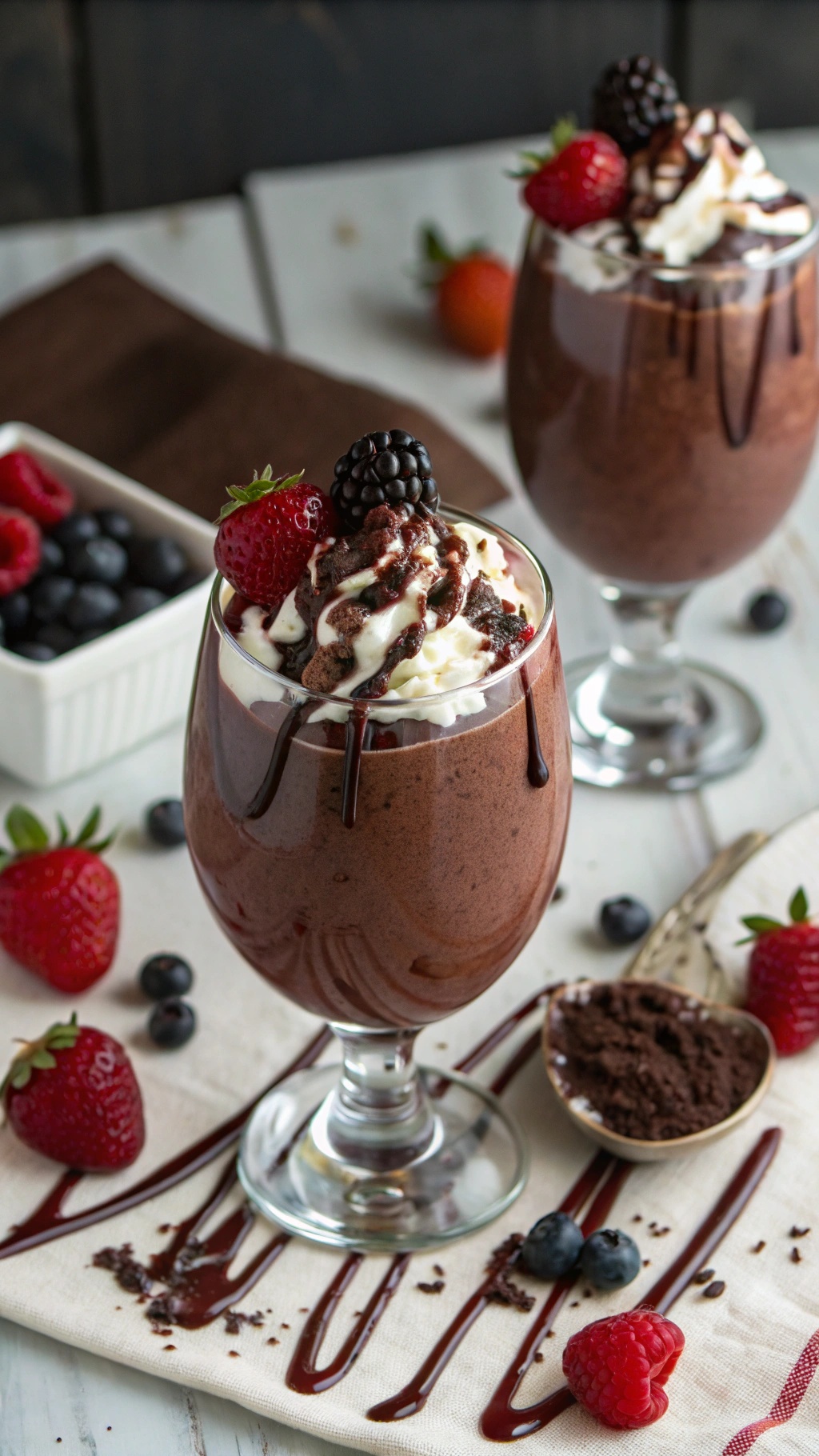 A chocolate berry smoothie topped with whipped cream and fresh berries in elegant glasses.