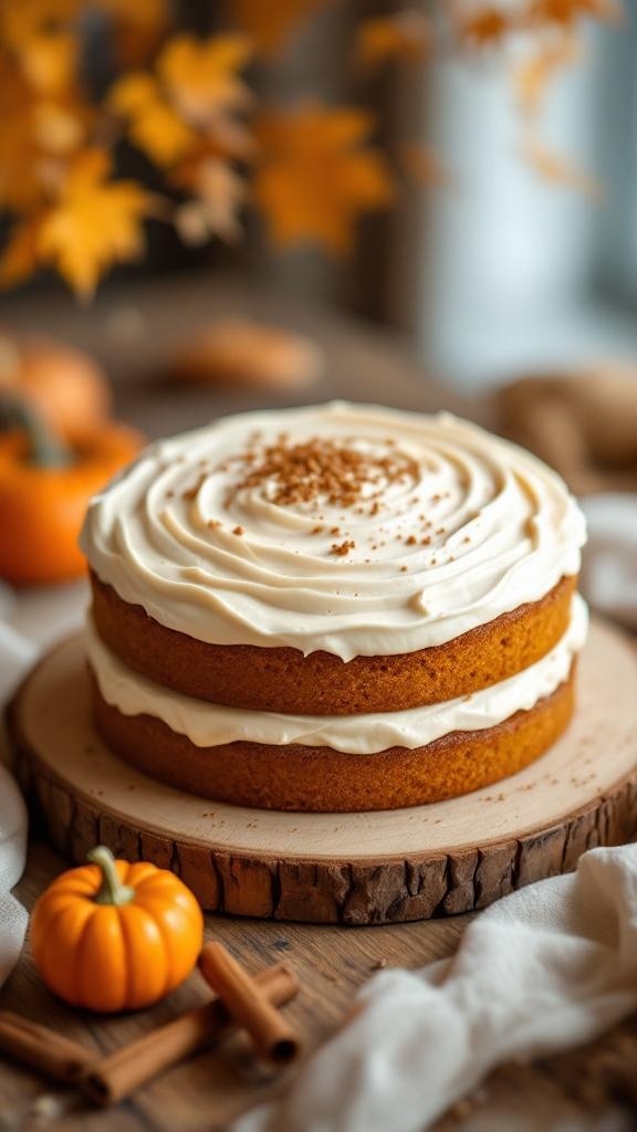 A beautifully layered pumpkin spice cake topped with cream cheese frosting and cinnamon, surrounded by autumn decorations.