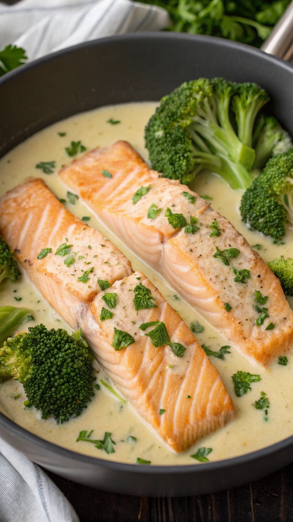 Creamy garlic butter salmon with broccoli in a skillet