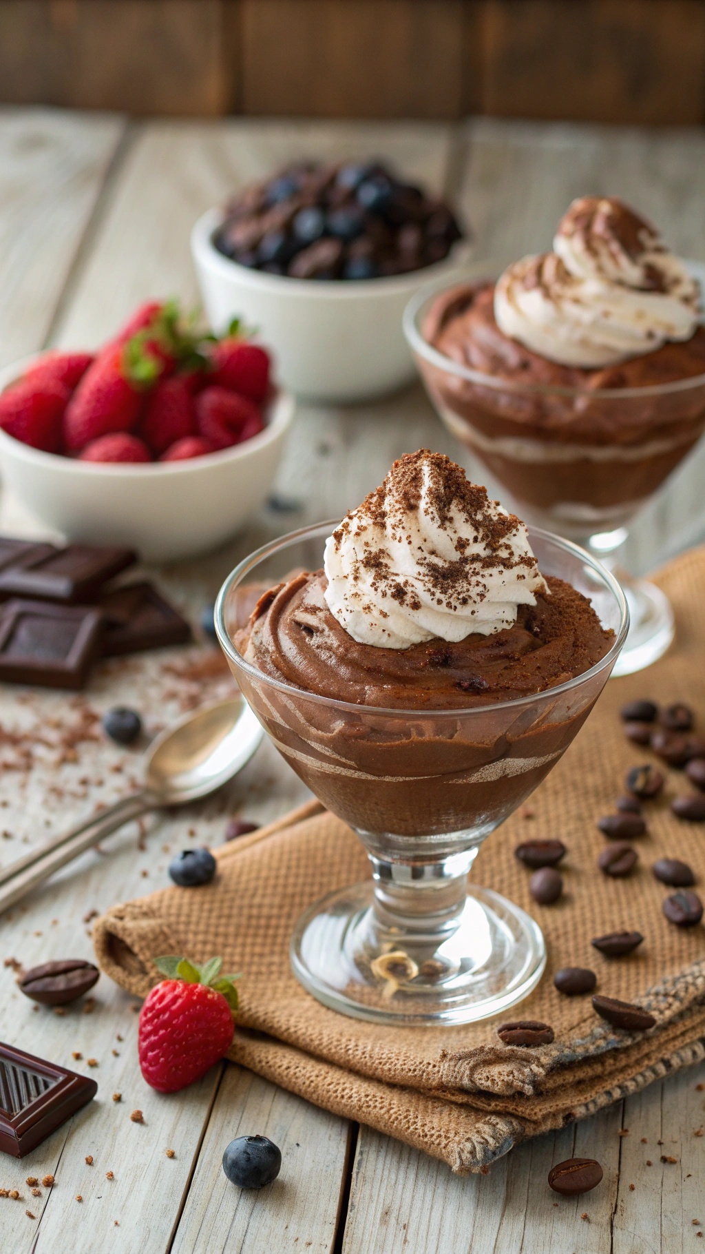 A delicious serving of creamy keto chocolate mousse topped with whipped cream, surrounded by fresh strawberries, blueberries, and chocolate squares.