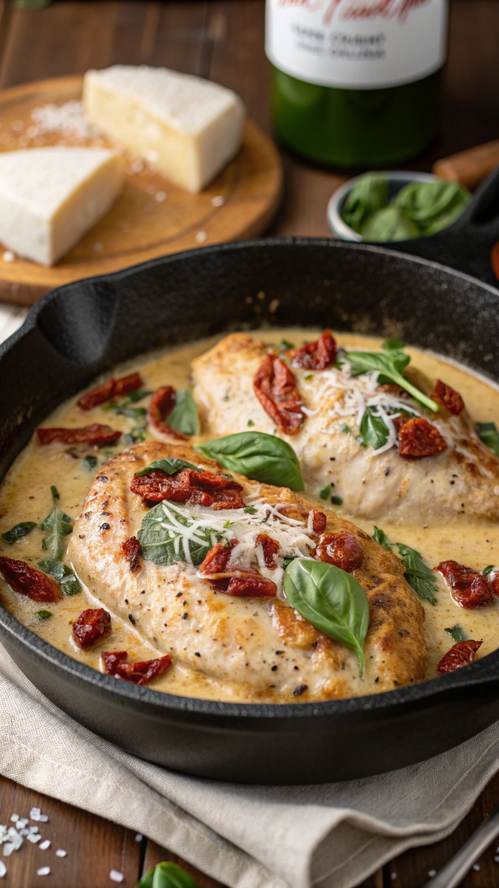Creamy Tuscan chicken in a skillet with sun-dried tomatoes and fresh basil.