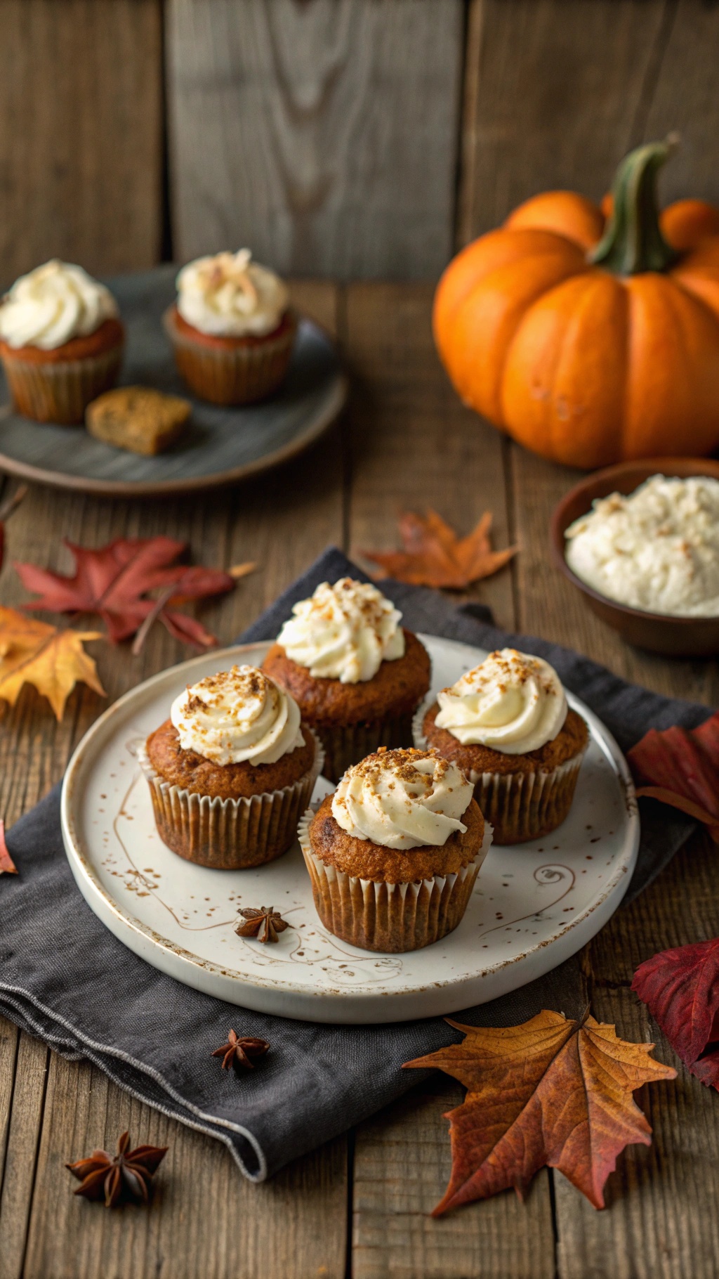 Delicious pumpkin spice muffins with cream cheese frosting, surrounded by autumn leaves and a small pumpkin.