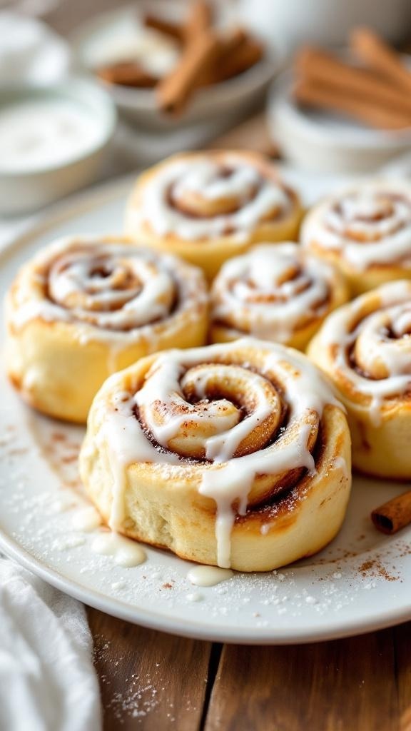 Delicious low carb cream cheese cinnamon rolls with icing on a plate