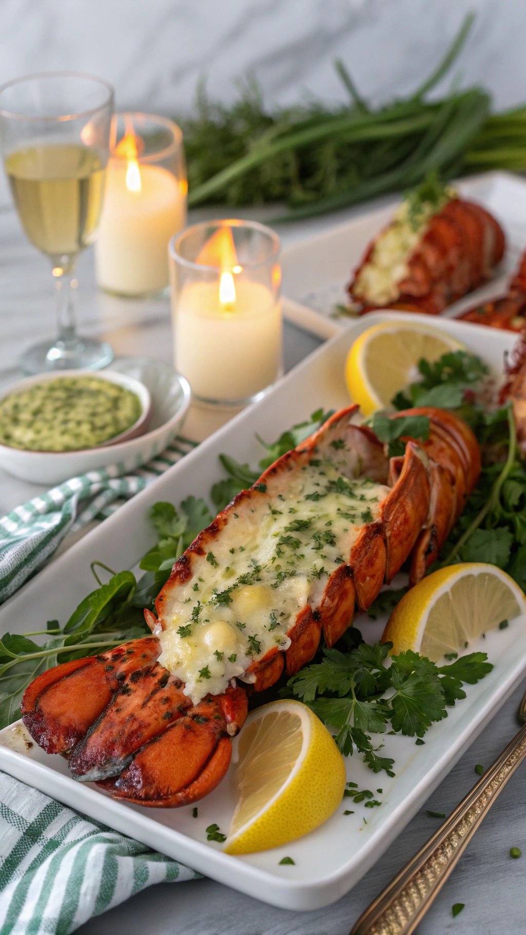 Lobster tail with herb butter garnished with lemon and herbs, set on a romantic dinner table with candles.