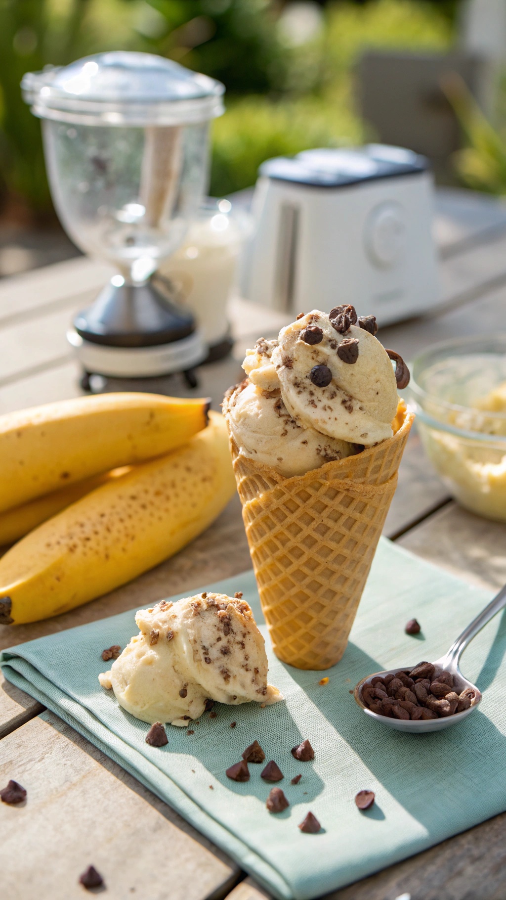 A cone of banana ice cream topped with chocolate chips, with fresh bananas and chocolate chips in the background.