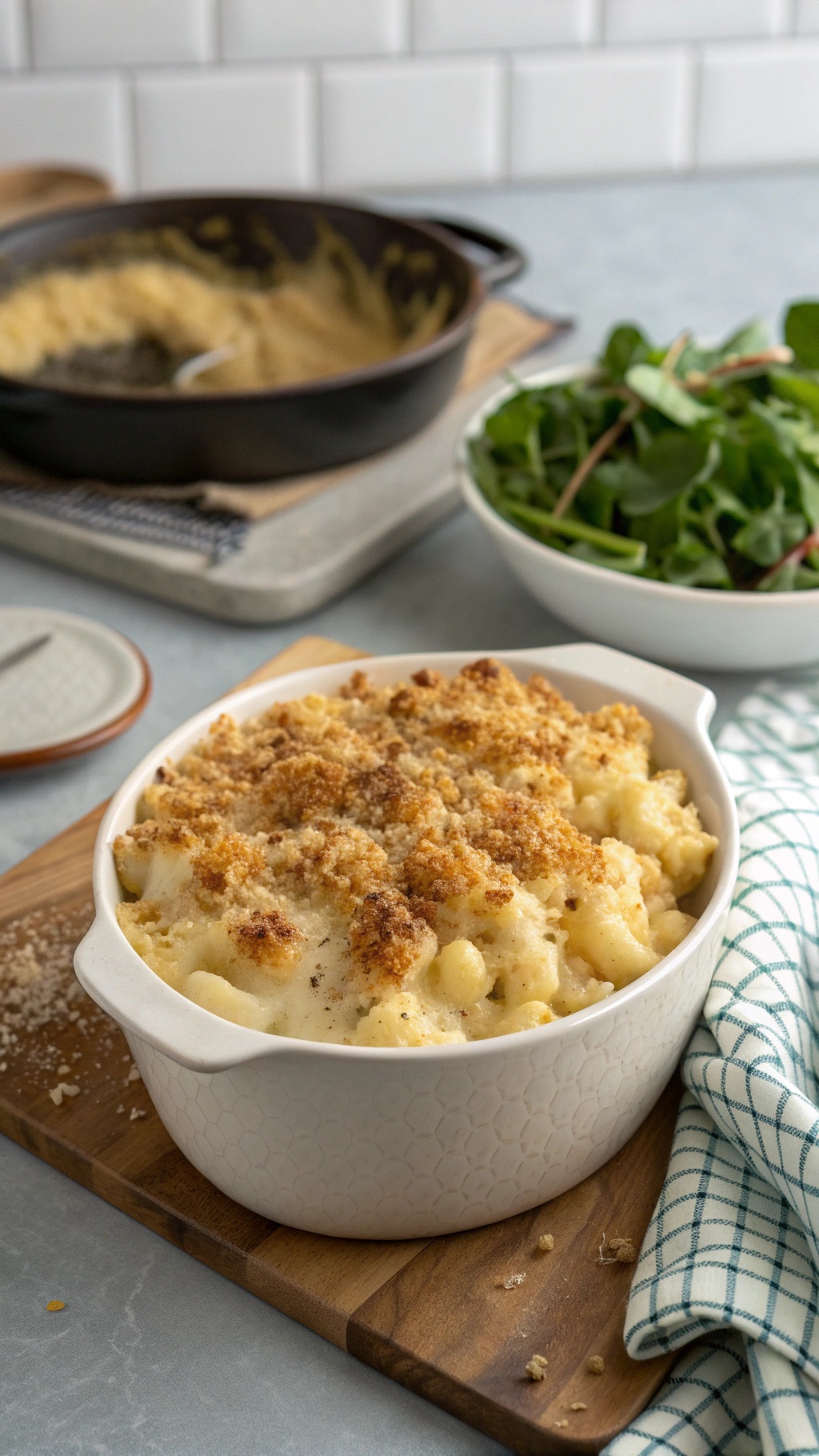 A creamy cauliflower mac and cheese topped with breadcrumbs, served with a side salad.