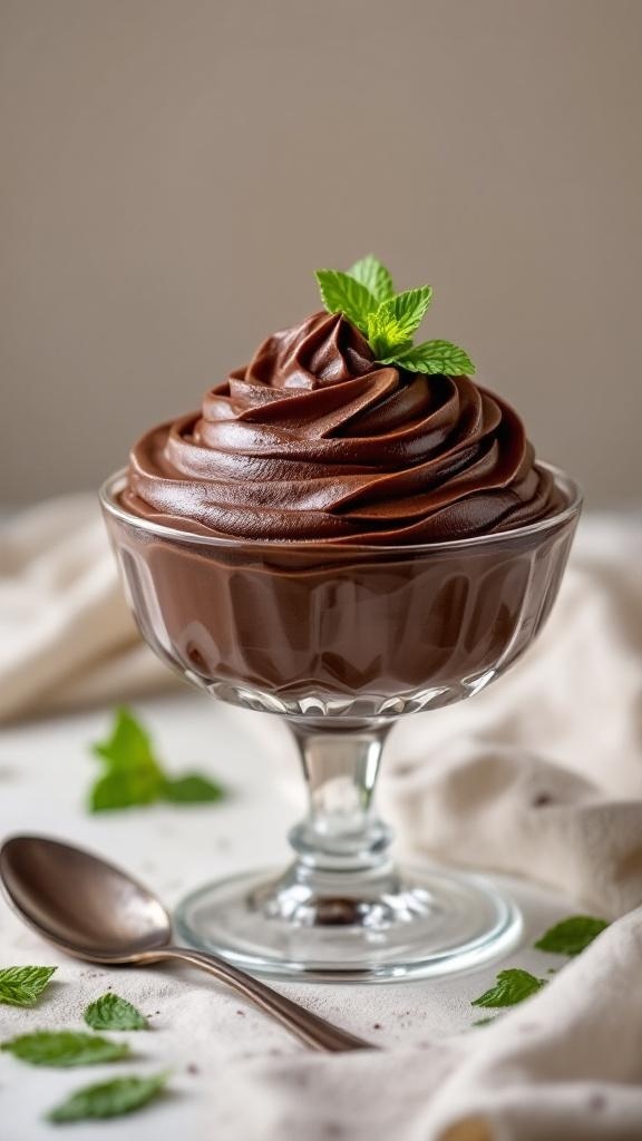 A bowl of chocolate avocado mousse topped with a mint leaf, showcasing a rich and creamy dessert.