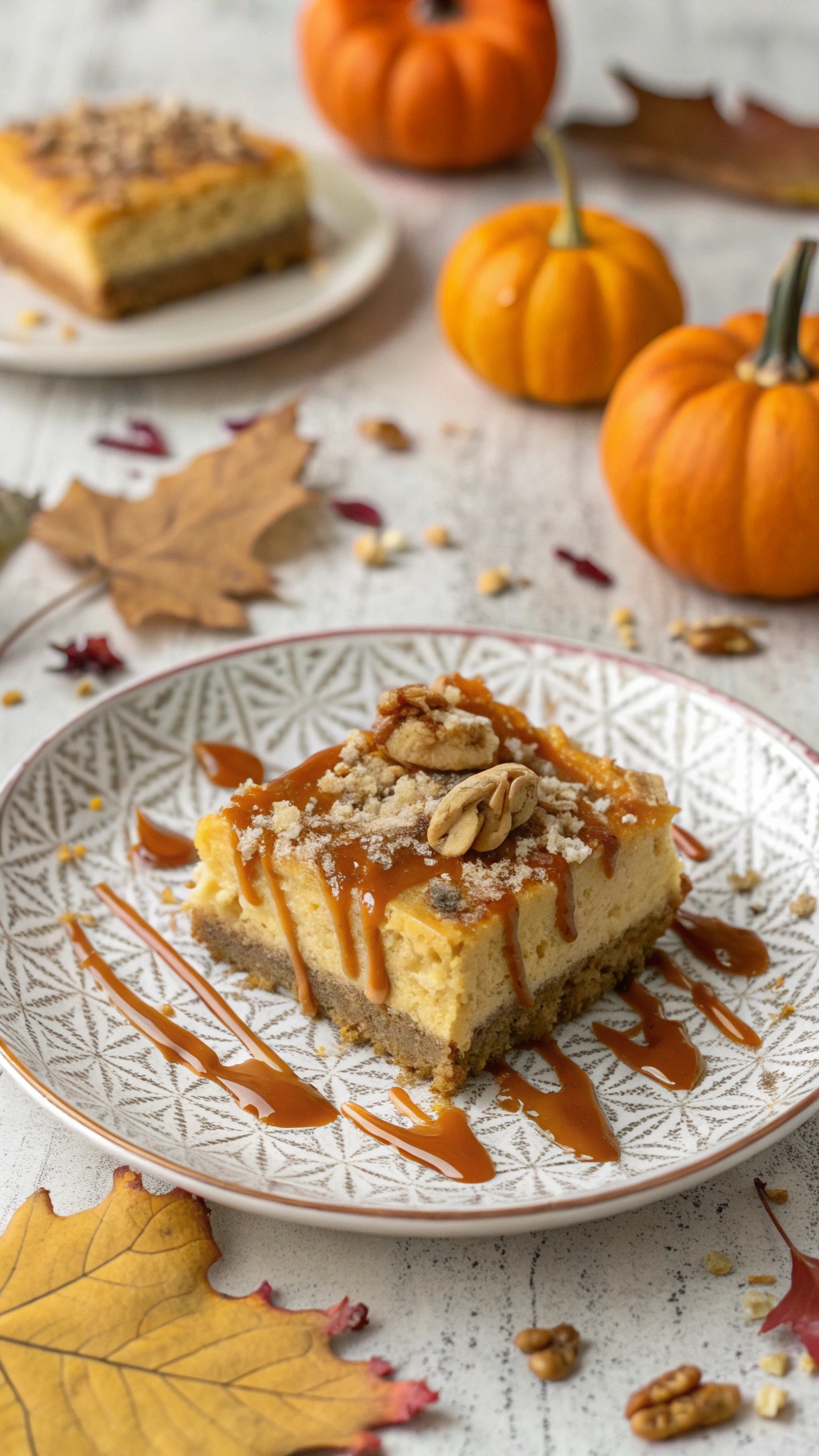 A slice of keto pumpkin cheesecake bar drizzled with caramel, topped with nuts, surrounded by mini pumpkins and autumn leaves.