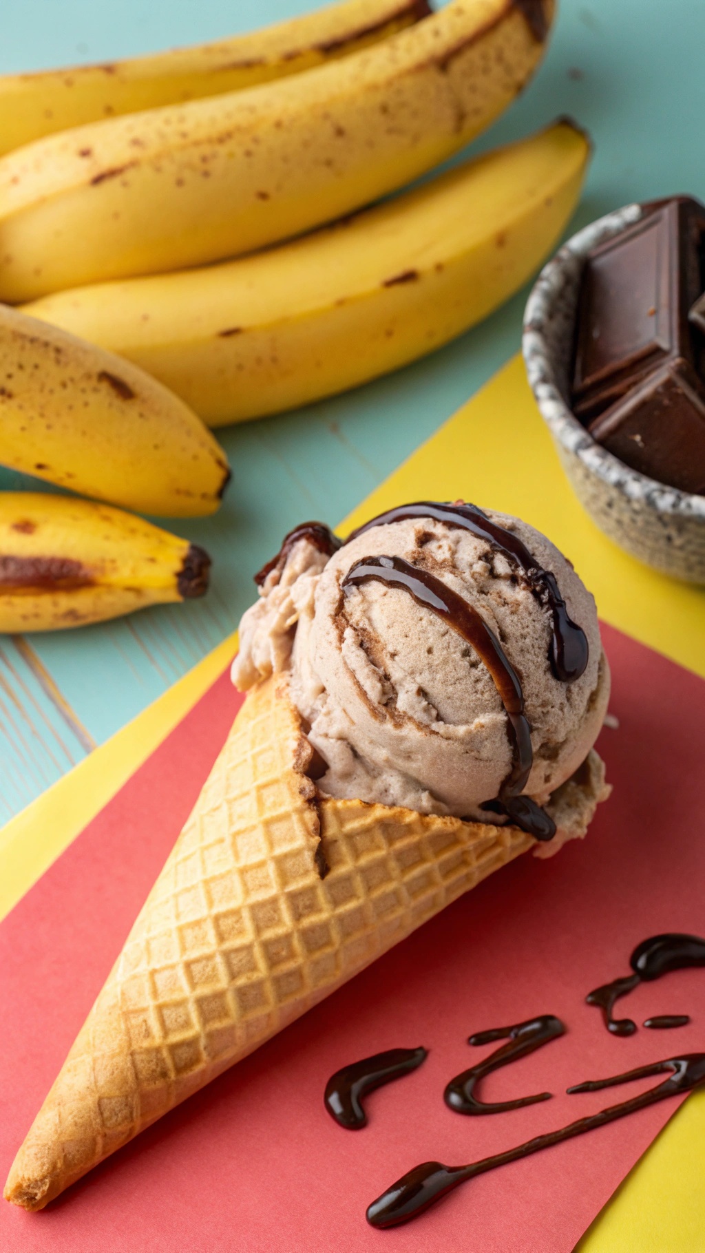 A cone filled with chocolate banana ice cream, drizzled with chocolate syrup, with fresh bananas and dark chocolate in the background.