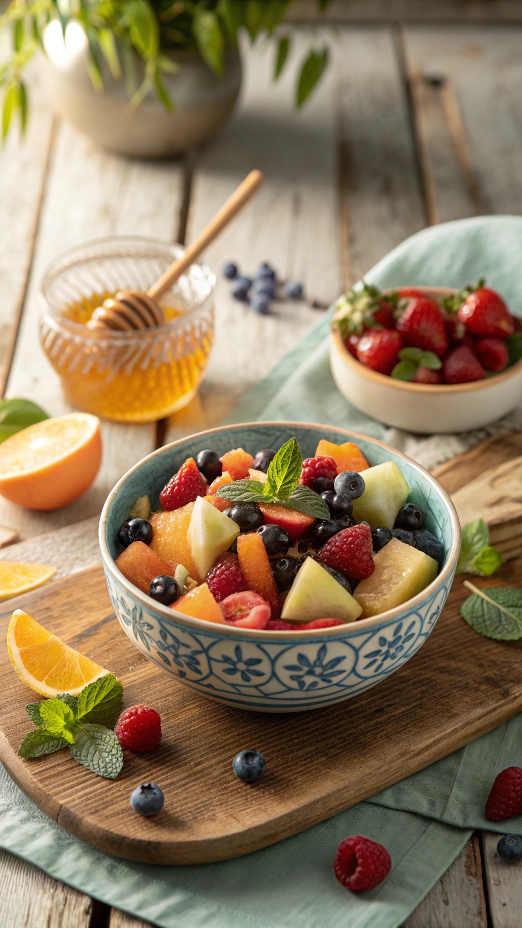 A colorful bowl of fruit salad with honey drizzle, surrounded by fresh fruits and mint leaves.