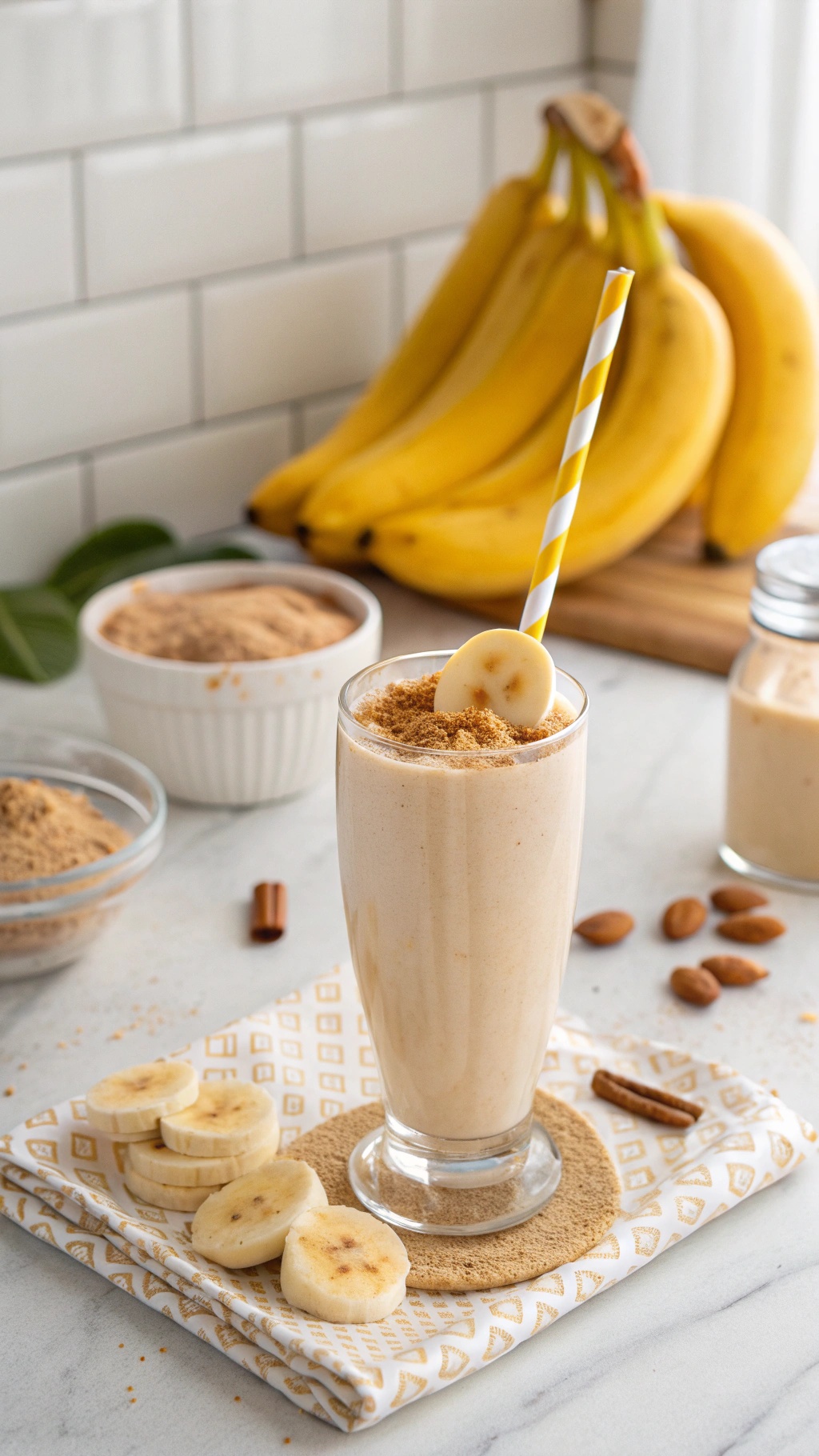 A glass of peanut butter banana smoothie with banana slices and crushed nuts on top, surrounded by fresh bananas and ingredients.