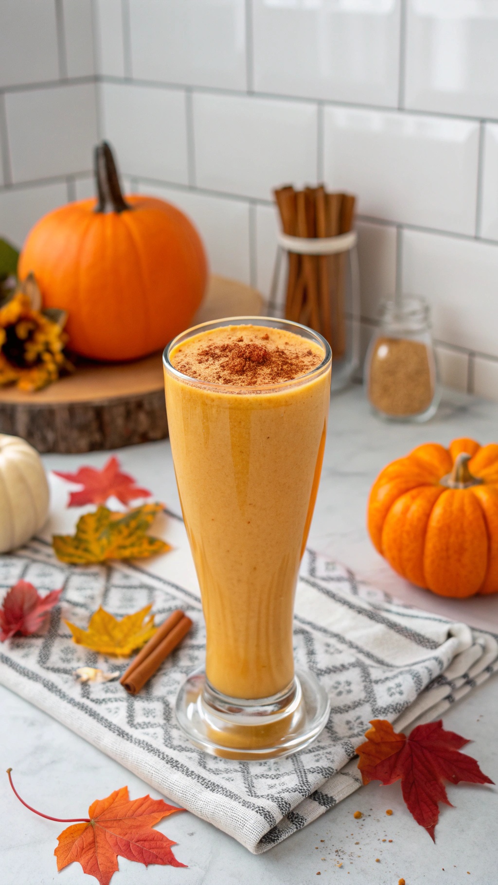 A vibrant pumpkin smoothie in a tall glass, topped with cinnamon, surrounded by pumpkins and autumn leaves.