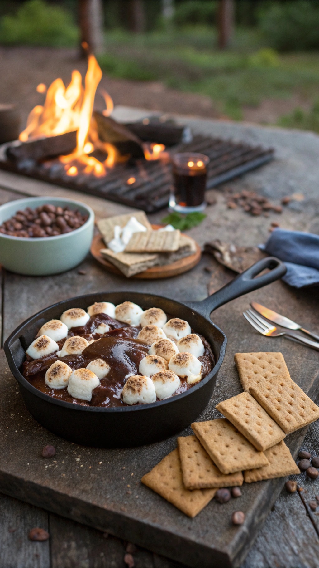 A delicious instant s'mores dip in a skillet, surrounded by graham crackers and chocolate chips, with a fire in the background.
