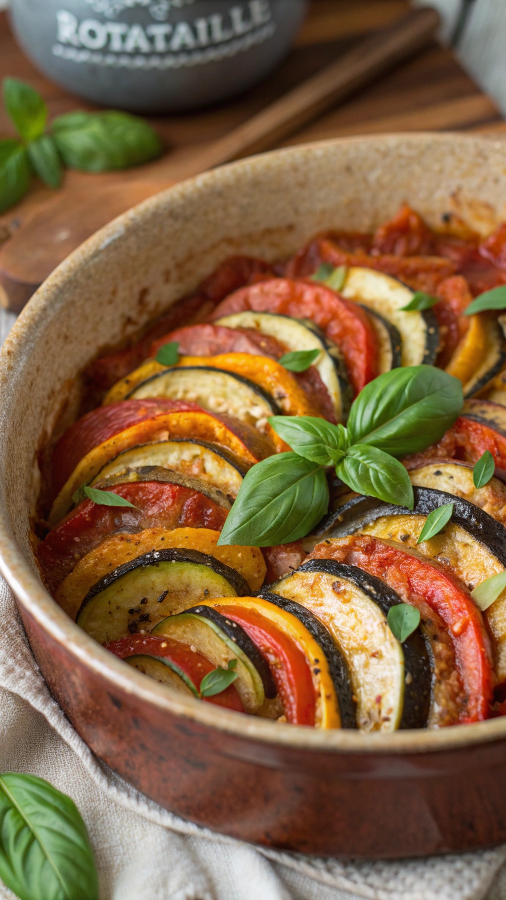 A beautifully arranged one-pot ratatouille with layers of colorful vegetables and fresh basil on top.