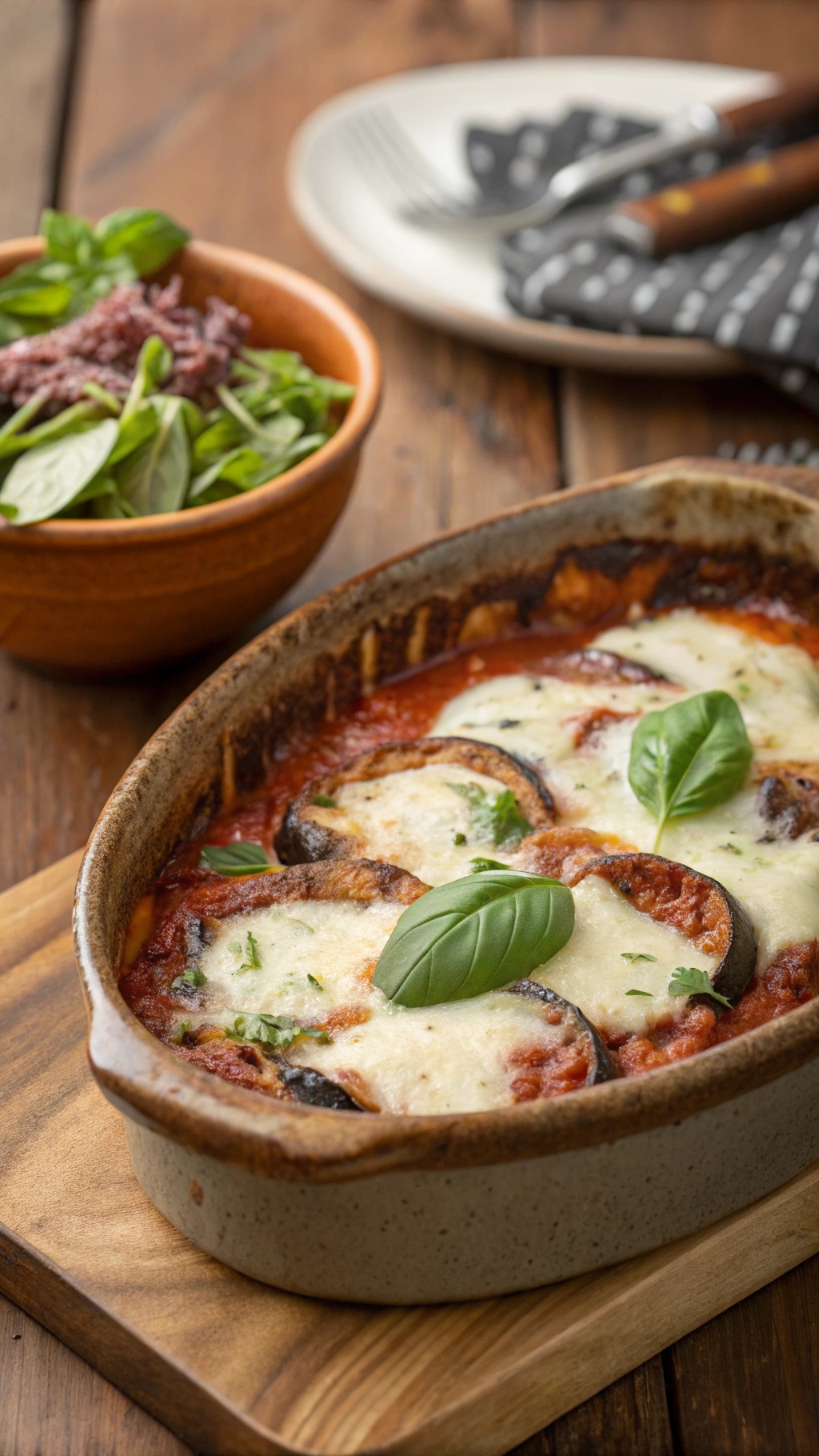 Baked eggplant parmesan with melted cheese and fresh basil, served with a side salad.