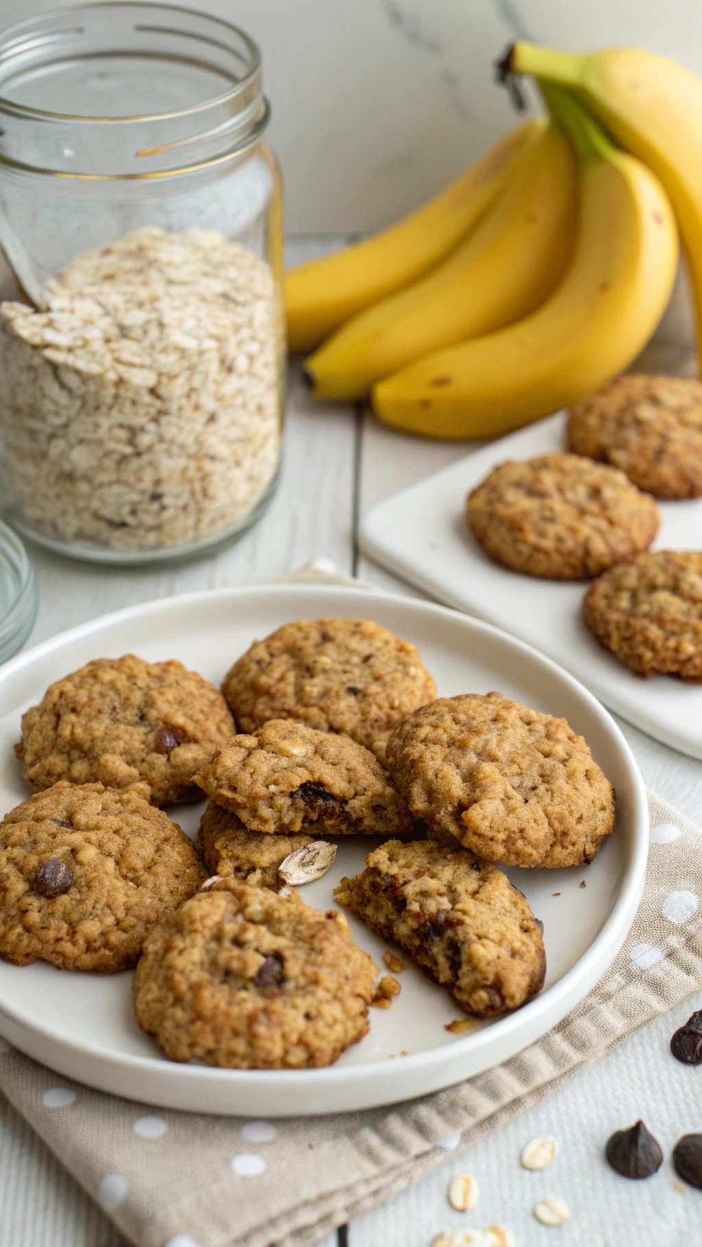 Plate of banana oatmeal cookies with fresh bananas and a jar of oats in the background.
