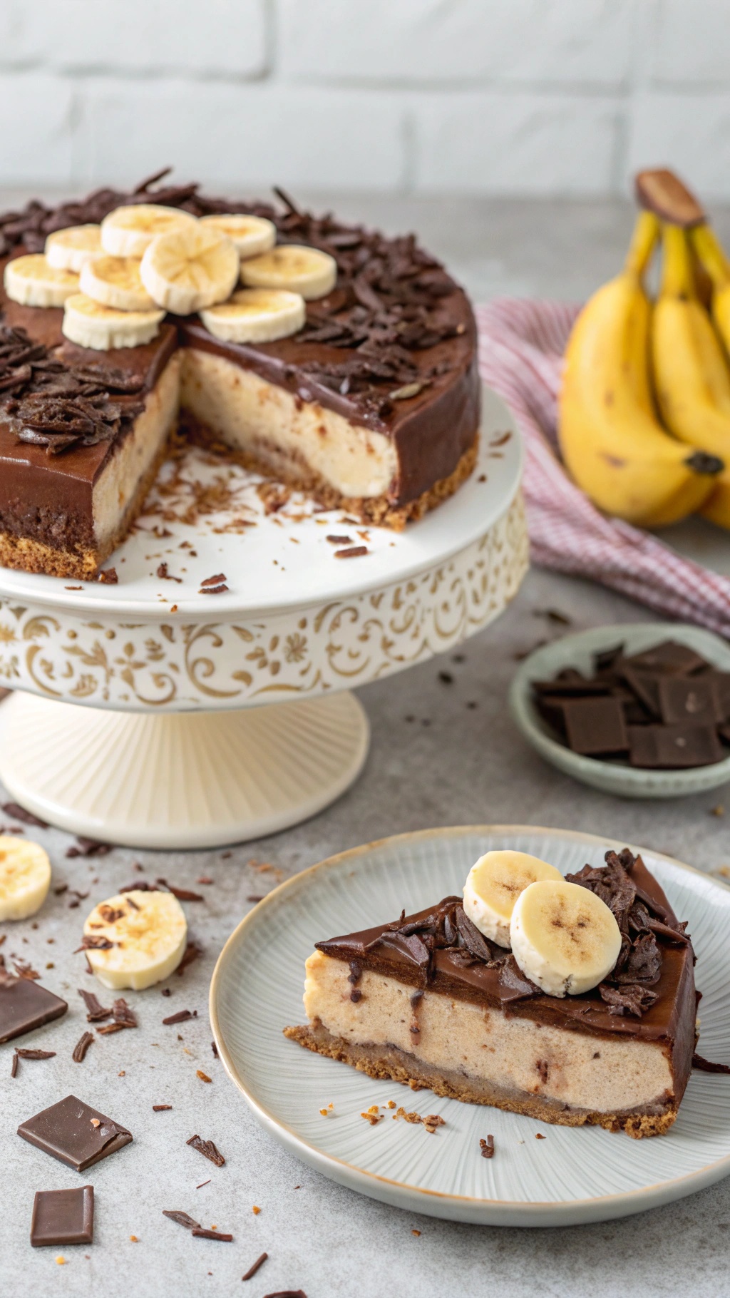 No-bake chocolate banana cheesecake with banana slices and chocolate shavings on top.