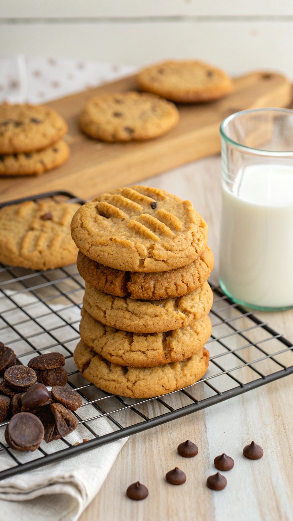 A stack of peanut butter cookies on a cooling rack with chocolate chips and a glass of milk.