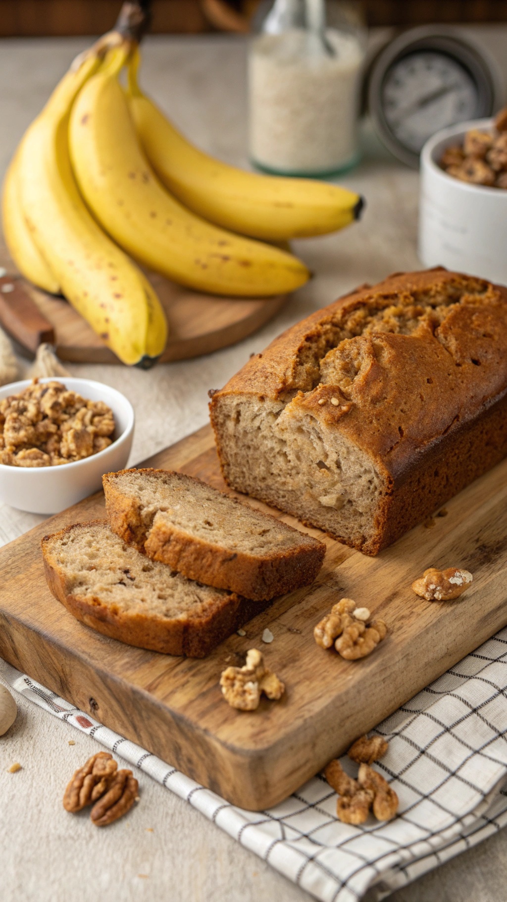 A loaf of banana bread sliced on a wooden board, surrounded by fresh bananas and walnuts.