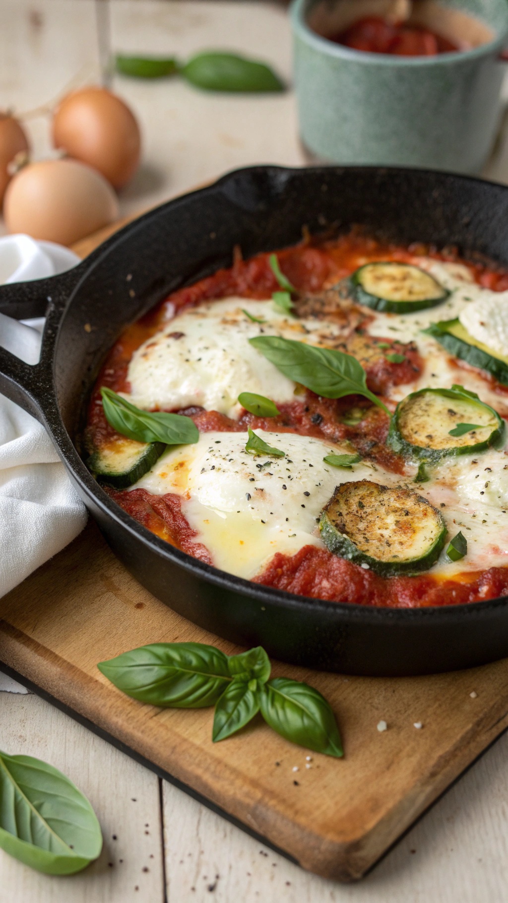 A delicious Italian-inspired egg and zucchini bake in a skillet, topped with mozzarella cheese and fresh basil.