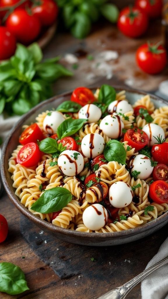 A bowl of Italian Caprese Pasta Salad with fresh mozzarella, cherry tomatoes, and basil, drizzled with balsamic glaze.