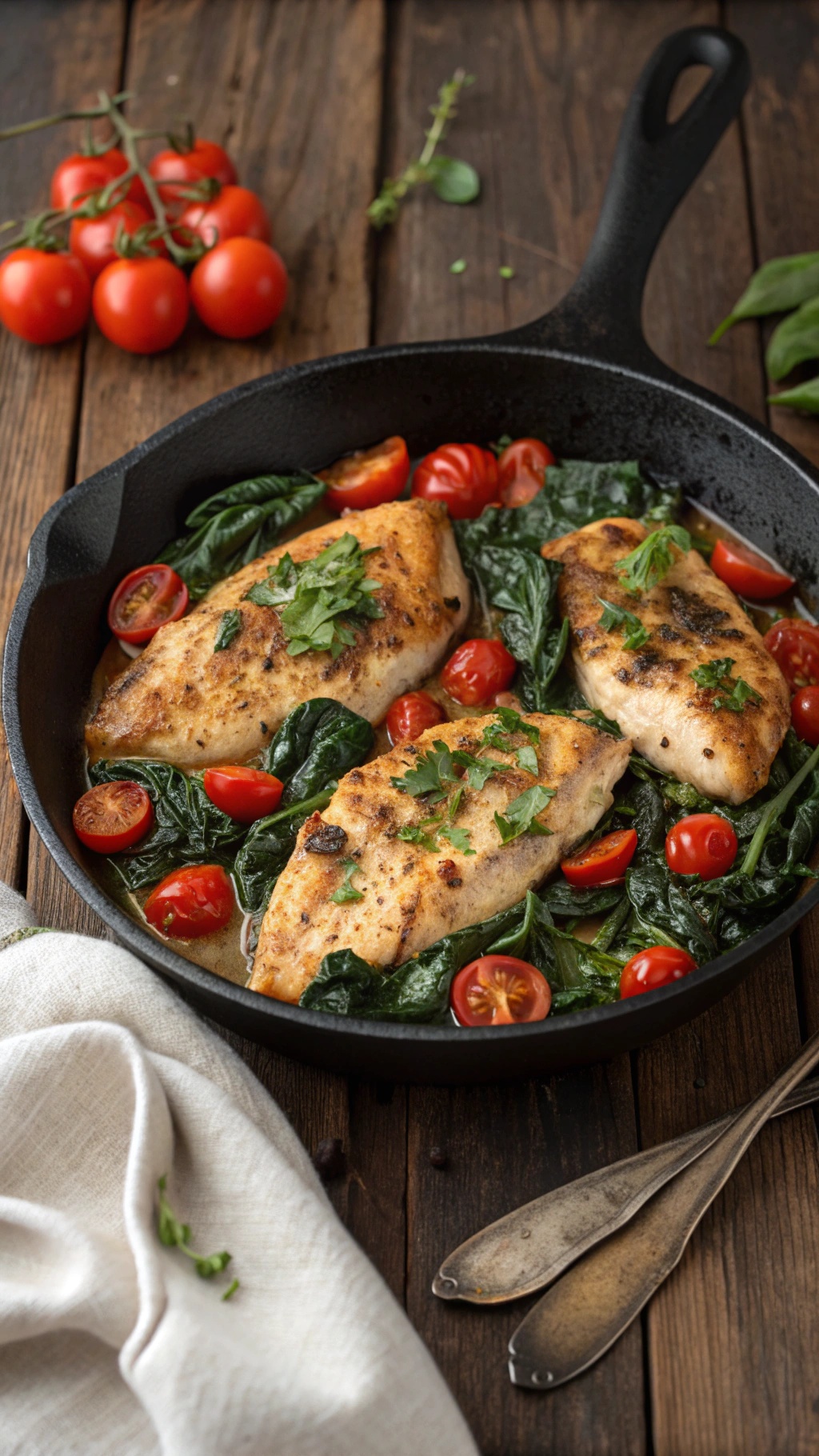 Italian Chicken Skillet with Spinach and Tomatoes in a cast iron skillet
