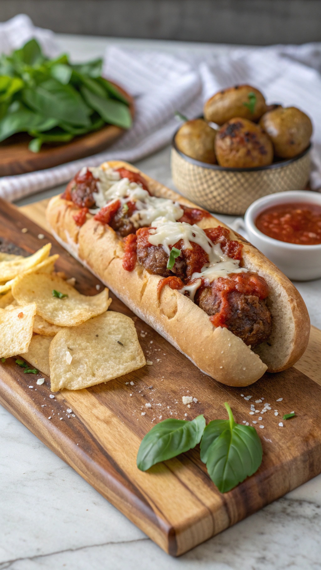 Italian meatball sub with marinara sauce and melted cheese, served with potato chips and fresh basil.