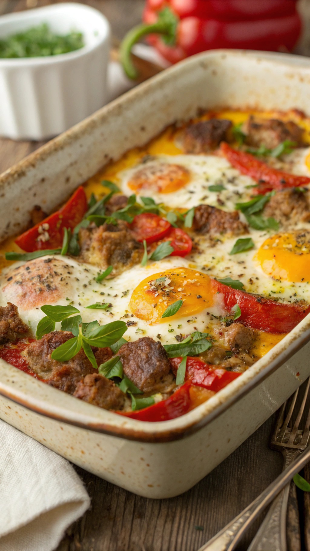 A delicious Italian sausage and egg bake with colorful bell peppers and herbs