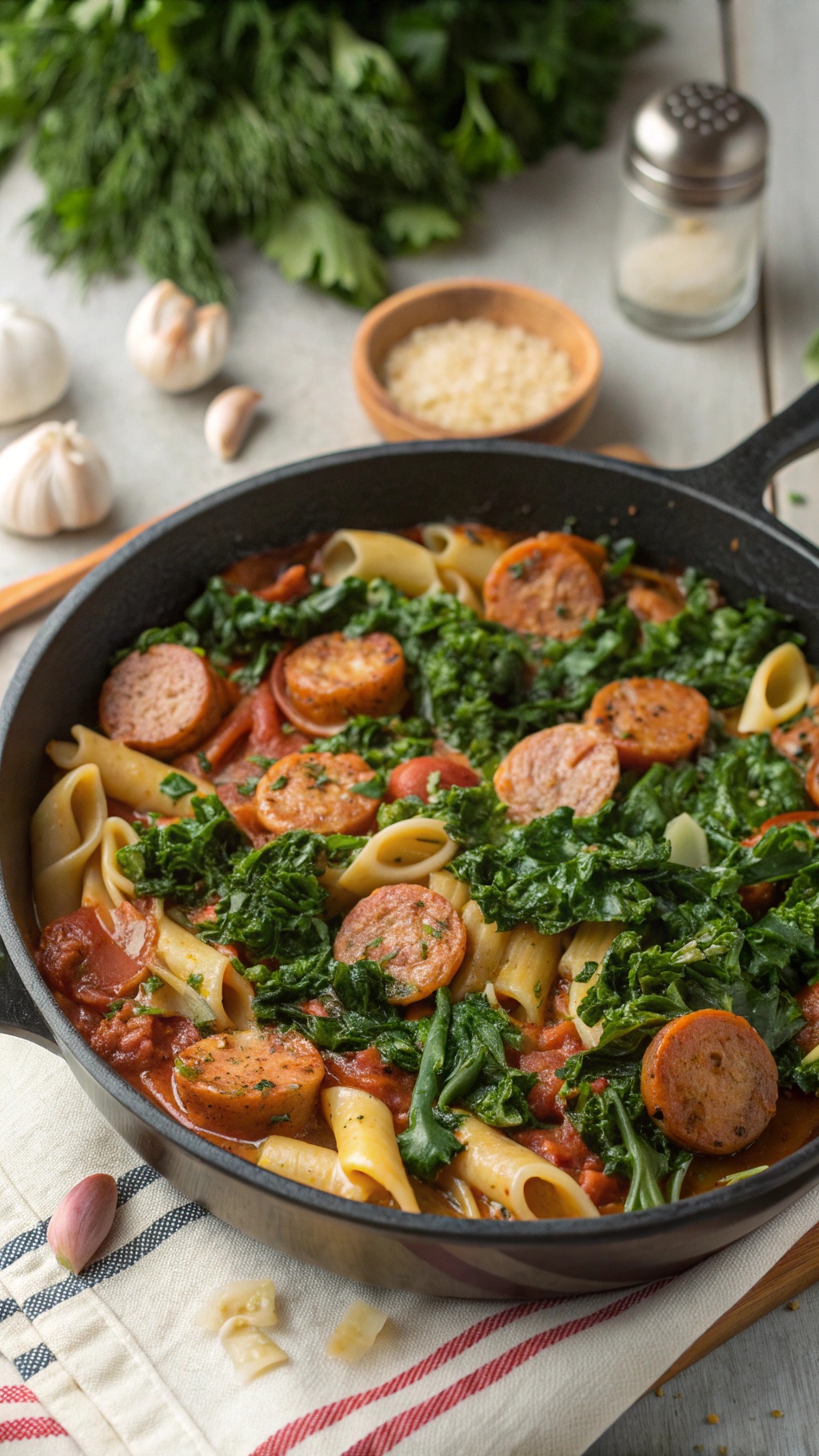 A delicious one-pot pasta dish with Italian sausage and kale, garnished with herbs.