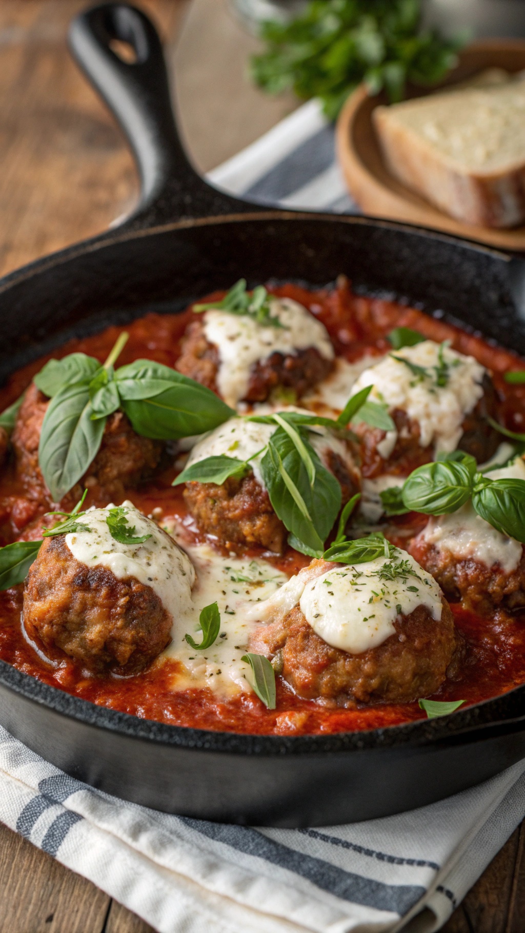 Italian sausage and ricotta meatballs in marinara sauce topped with mozzarella and fresh basil