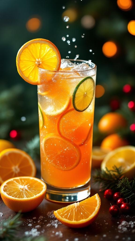 A refreshing citrus mocktail with orange and lime slices, surrounded by fresh oranges and festive decorations.