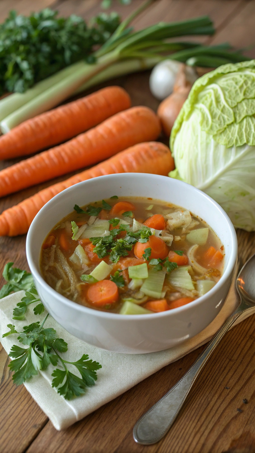 A bowl of hearty cabbage soup with carrots and celery, surrounded by fresh vegetables.
