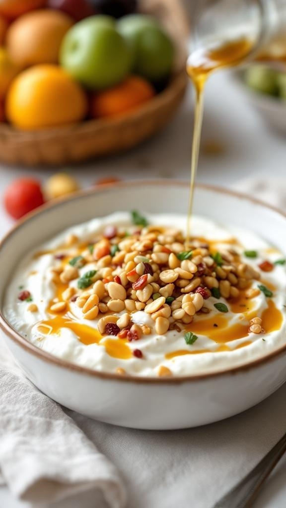 A bowl of Greek yogurt topped with nuts and syrup, with fresh fruits in the background.