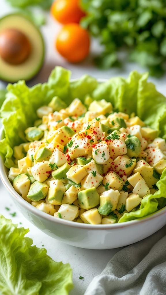 A bowl of avocado egg salad with diced avocados and hard-boiled eggs, garnished with paprika and served on lettuce.