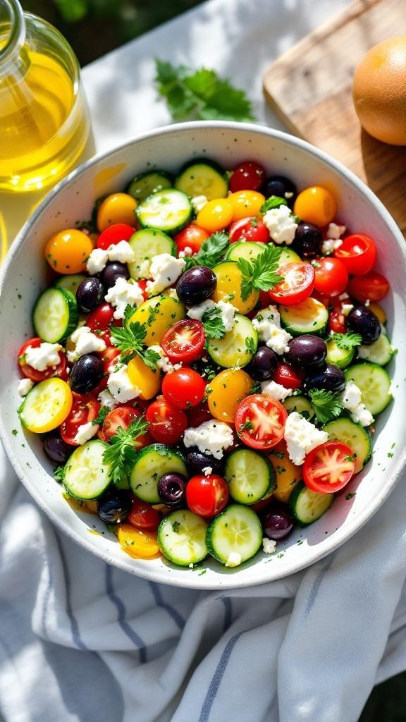 A colorful Keto Greek Salad with feta cheese, cherry tomatoes, cucumbers, and olives in a bowl.