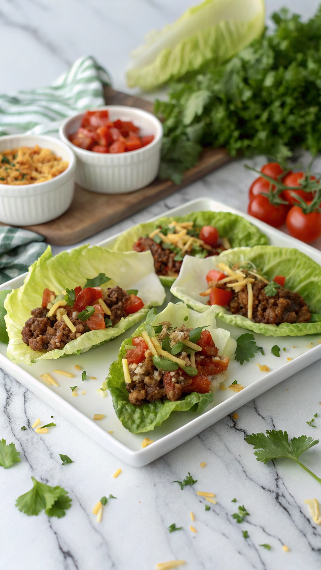 A plate of Keto Taco Lettuce Wraps filled with seasoned beef, tomatoes, and cheese, surrounded by fresh ingredients.