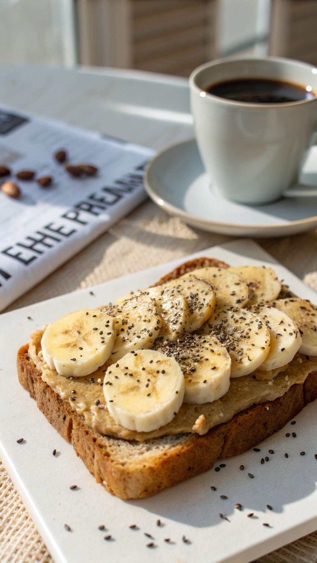 A slice of whole grain bread topped with almond butter, banana slices, and chia seeds, accompanied by a cup of coffee.