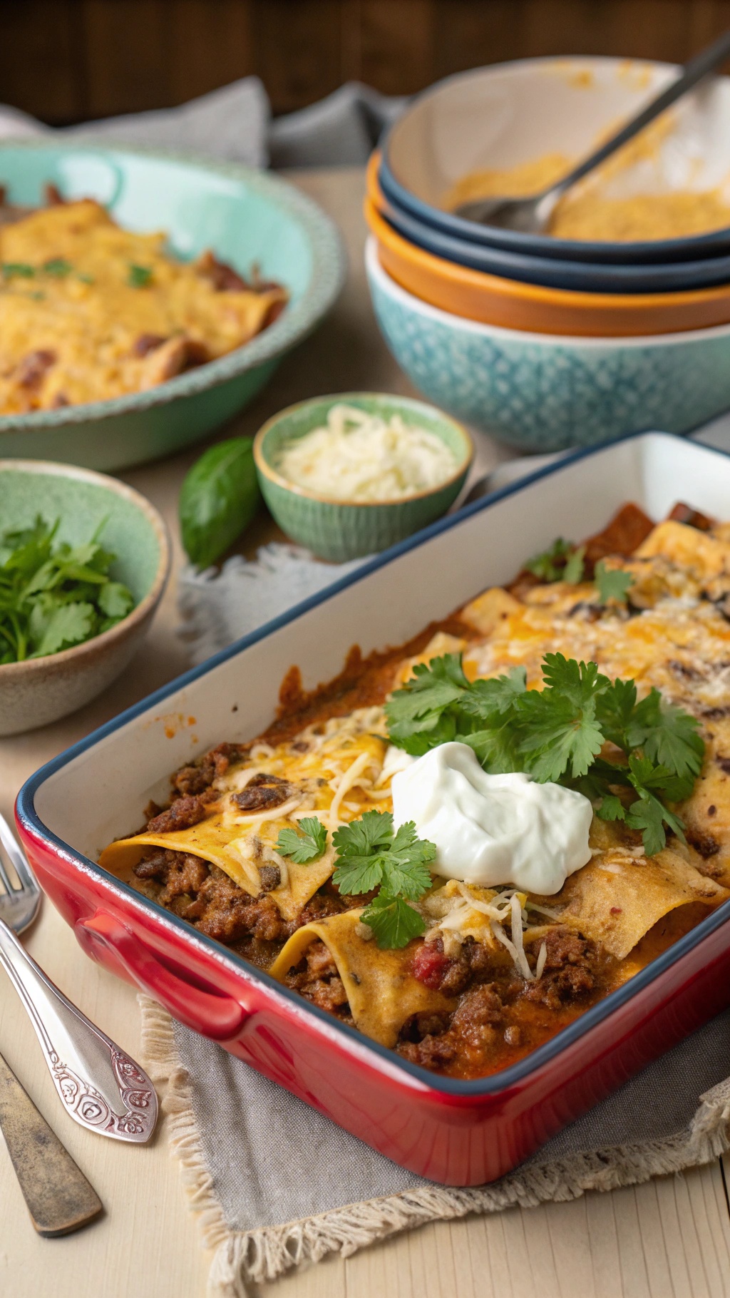 A cheesy taco casserole in a red baking dish, garnished with cilantro and sour cream, surrounded by bowls of toppings.